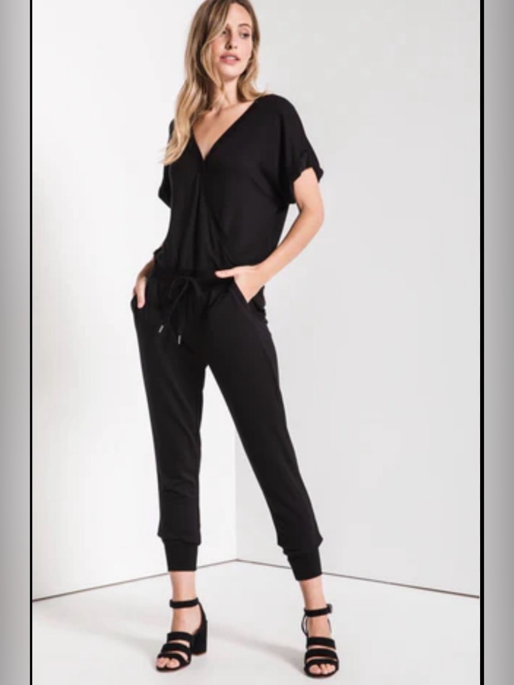 Z Supply Black V-Neck Drawstring Jumpsuit with Cuffed Ankles